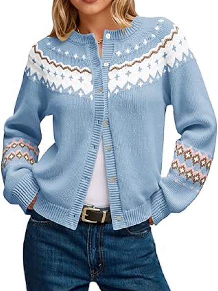 Light Blue Fair Isle Button-Up Women's Sweater Cardigan Size Small/Medium